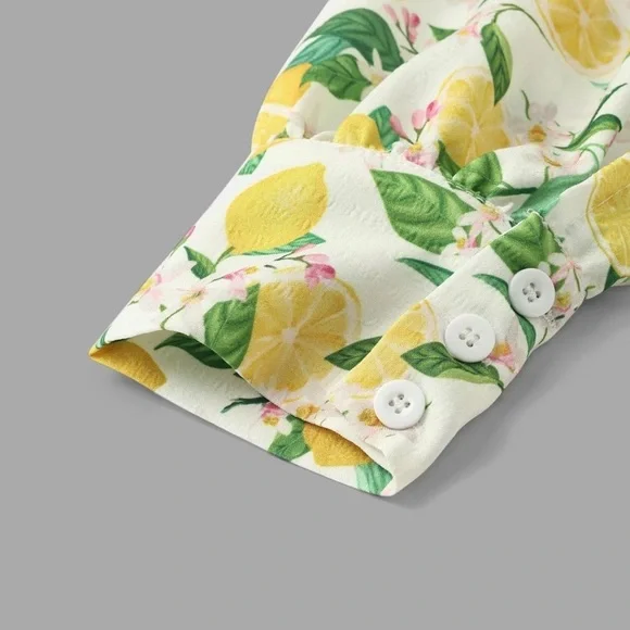 Lemon Print Vintage Look Ruffle V Neck Jumpsuit with Belt Size XL Boutique New - Picture 5 of 6